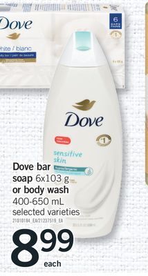 Fortinos Dove bar soap 6 x 103 g or body wash 400-650 ml offer