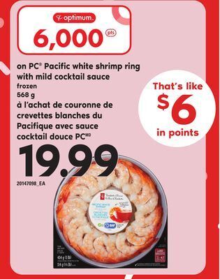 Independent Grocer Pc® pacific white shrimp ring with mild cocktail sauce, 568 g offer