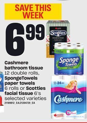 Loblaws Cashmere bathroom tissue 12 double rolls, spongetowels paper towels 6 rolls or scotties facial tissue 6's offer