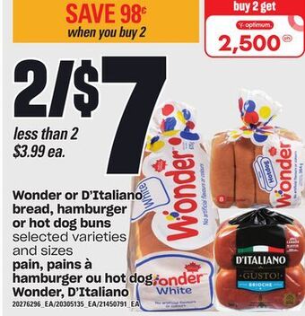 Independent Grocer Wonder or d'italiano bread, hamburger or hot dog buns offer