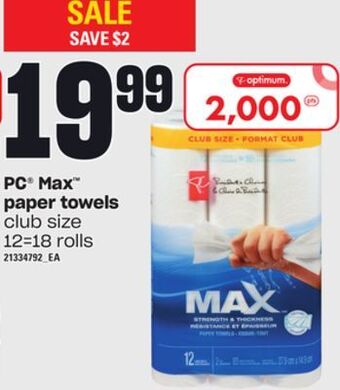 Loblaws Pc max paper towels, 12=18 rolls offer