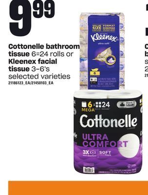 Loblaws Cottonelle bathroom tissue 6=24 rolls or kleenex facial tissue 3-6's offer
