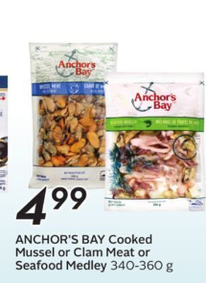 Sobeys Anchor's bay cooked mussel or clam meat or seafood medley offer