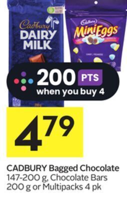 Foodland Cadbury bagged chocolate 147-200 g, chocolate bars 200 g or multipacks 4 pk offer