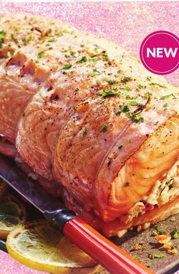 Sobeys Fresh atlantic salmon roasts with mediterranean style imitation crab and seafood stuffing offer