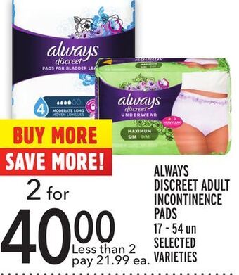 Metro Always discreet adult incontinence pads offer