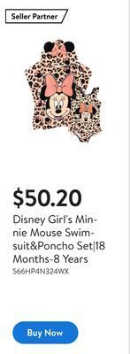 Walmart Disney girl's minnie mouse swimsuit&poncho set|18 months-8 years offer