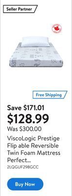 Walmart Viscologic prestige flip able reversible twin foam mattress perfect for bunk bed, trundle, guest bed and caravan bed, certipu offer