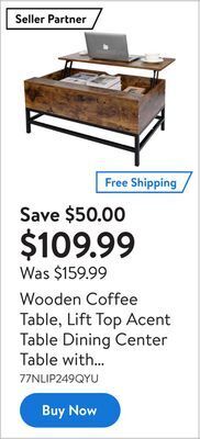 Walmart Wooden coffee table, lift top acent table dining center table with storage compartment for living room reception room offer
