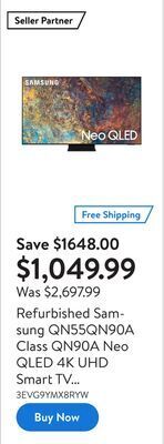 Walmart Refurbished samsung qn55qn90a class qn90a neo qled 4k uhd smart tv 2021 offer