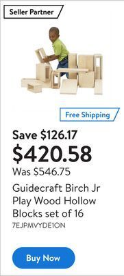 Walmart Guidecraft birch jr play wood hollow blocks set of 16 offer