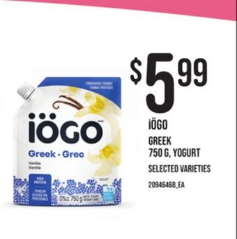 Zehrs Markets Iögo greek 750 g, yogurt offer
