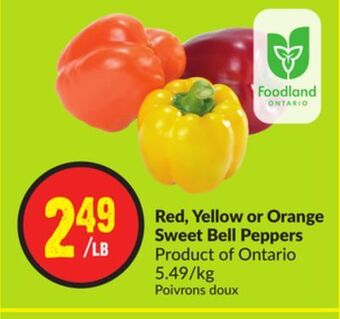 FreshCo Red, yellow or orange sweet bell peppers product of ontario 5.49/kg offer