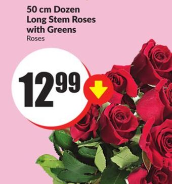 FreshCo 50 cm dozen long stem roses with greens offer