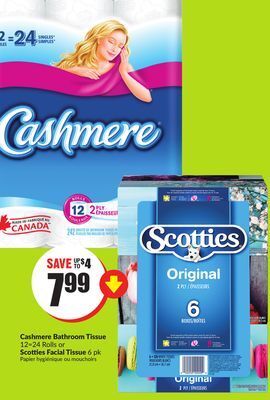 FreshCo Cashmere bathroom tissue 12=24 rolls or scotties facial tissue 6 pk offer