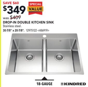 RONA Kindred drop-in double kitchen sink, 30-7/8 x 20-7/8 offer