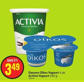 Chalo FreshCo Danone oȋkos yogourt 4 pk activia yogourt 650 g offer