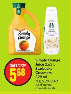 Chalo FreshCo Simply orange juice 2.63 l starbucks creamers 828 ml offer