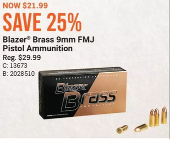 Cabela's Blazer brass 9mm fmj pistol ammunition offer