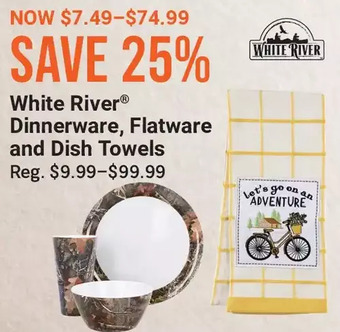 Cabela's White river dinnerware, flatware and dish towels offer