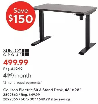 Staples Sunjoy group collison electric sit & stand desk offer