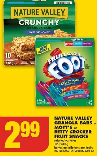 No Frills Nature valley granola bars or mott's or betty crocker fruit snacks offer