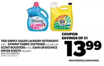 Real Canadian Superstore Tide simply liquid laundry detergent, downy fabric softener or scent boosters, gain or bounce dryer sheets offer