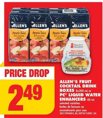 No Frills Allen's fruit cocktail drink boxes or pc liquid water enhancers offer