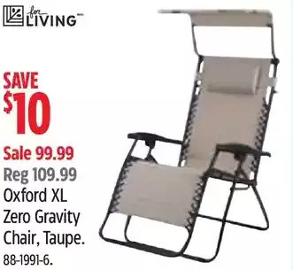 Canadian Tire For living oxford xl zero gravity chair, taupe offer