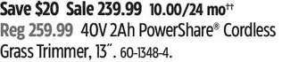 Canadian Tire Worx 40v 2ah powershare cordless grass trimmer, 13 offer