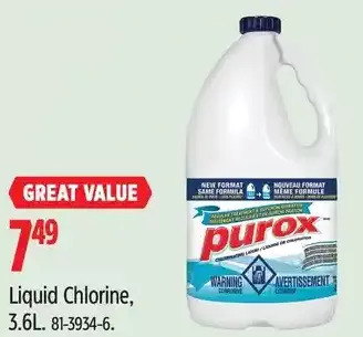 Canadian Tire Purox liquid chlorine, 3.6l offer