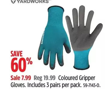 Canadian Tire Yardworks coloured gripper gloves. includes 3 pairs per pack offer