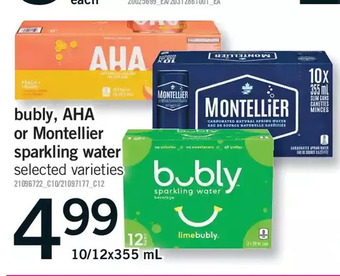 Fortinos Bubly, aha or montellier sparkling water offer