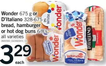Fortinos Wonder or d'italiano bread, hamburger or hot dog buns offer