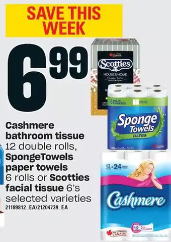 Loblaws Cashmere bathroom tissue, spongetowels paper towels or scotties facial tissue offer