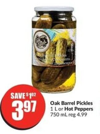 FreshCo Oak Barrel Pickles 1 L or Hot Peppers 750 mL offer