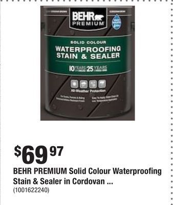 Home Depot Behr premium solid colour waterproofing stain & sealer in cordovan brown offer