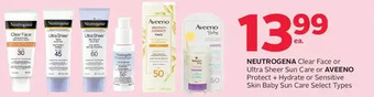Rexall Neutrogena clear face or ultra sheer sun care or aveeno protect + hydrate or sensitive skin baby sun care offer