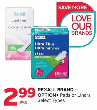 Rexall Rexall brand or option+ pads or liners offer