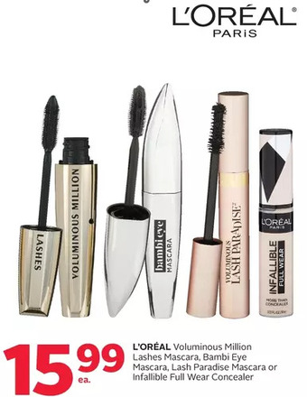 Rexall L'oréal voluminous million lashes mascara, bambi eye mascara, lash paradise mascara or infallible full wear concealer offer