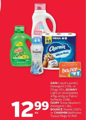 Rexall Gain liquid laundry detergent or flings, downy light or unstopables or fabric softener, ivory snow newborn detergent, bounce offer