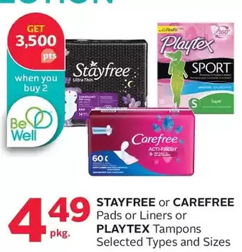 Rexall Stayfree or carefree pads or liners or playtex tampons offer