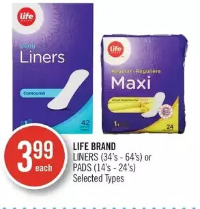 Shoppers Drug Mart Life brand liners or pads offer