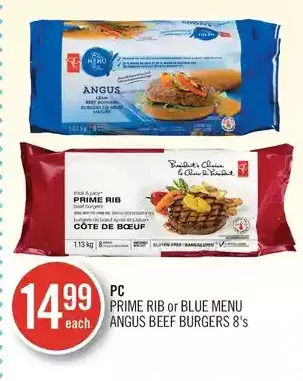 Shoppers Drug Mart Pc prime rib or blue menu angus beef burgers offer