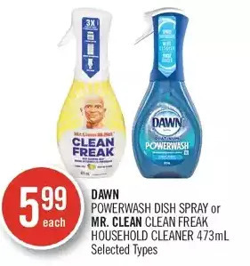 Shoppers Drug Mart Dawn powerwash dish spray or mr. clean clean freak household cleaner offer