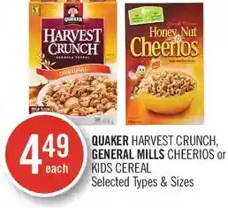 Shoppers Drug Mart Quaker harvest crunch, general mills cheerios or kids cereal offer