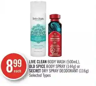 Shoppers Drug Mart Live clean body wash, old spice body spray or secret dry spray deodorant offer