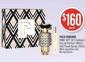 Shoppers Drug Mart Paco rabanne fame gift set contains: eau de parfum and travel spray offer