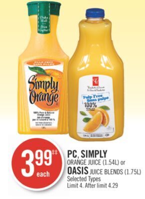Shoppers Drug Mart Pc, simply orange juice (1.54l) or oasis juice blends (1.75l) offer