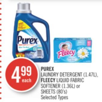 Shoppers Drug Mart Purex laundry detergent (1.47l), fleecy liquid fabric softener (1.36l) or sheets (80's) offer